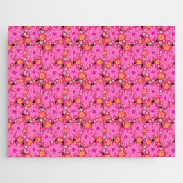 Pink Flower Pattern - Retro, Bright Flowers Jigsaw Puzzle