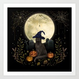 The Black Cat on Halloween Night Art Print