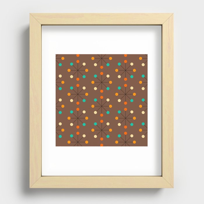 50s Mid Century Modern Atomic Pattern in Brown, Orange, Yellow & Turquoise Recessed Framed Print