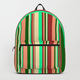 [ Thumbnail: Eye-catching Brown, Green, Beige, Dark Green & Light Salmon Colored Lined/Striped Pattern Backpack ]