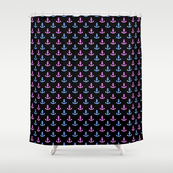 Blue And Pink Anchors On Black Shower Curtain By Leahmcphail