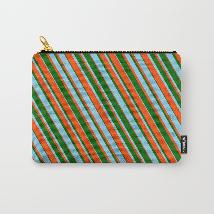 Dark Green, Sky Blue, and Red Colored Striped Pattern Carry-All Pouch