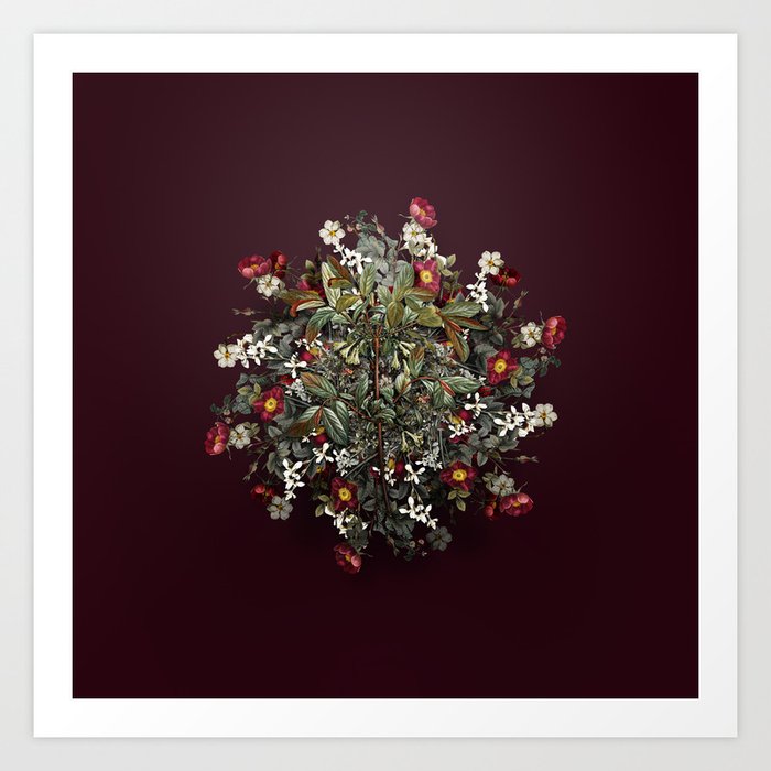 Vintage Honeyberry Flower Wreath on Wine Red Art Print