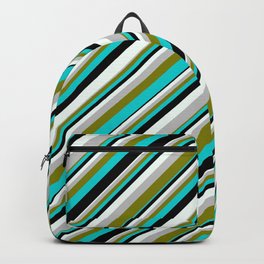 [ Thumbnail: Colorful Grey, Green, Dark Turquoise, Black, and Mint Cream Colored Lined/Striped Pattern Backpack ]