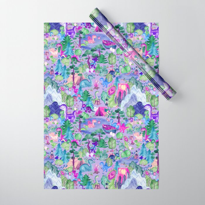 Watercolor Dinosaur Camping Kids Pink Purple Wrapping Paper