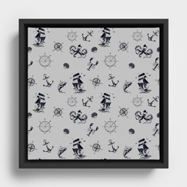 Light Grey And Blue Silhouettes Of Vintage Nautical Pattern Framed Canvas
