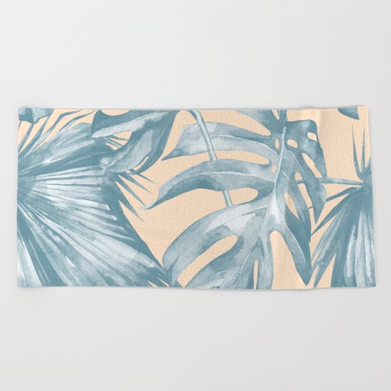 Tropical Leaves Ocean Blue on Citrus Beach Towel