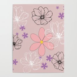 Floral pattern with different colors on a pink background Poster