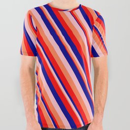 [ Thumbnail: Pink, Coral, Red, and Dark Blue Colored Pattern of Stripes All Over Graphic Tee ]