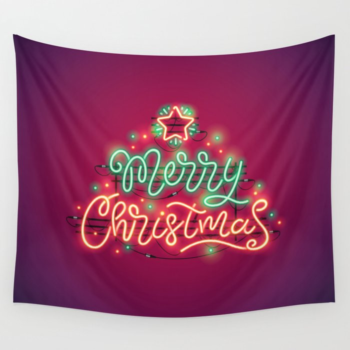 Merry Christmas Colorful Neon Sign Wall Tapestry