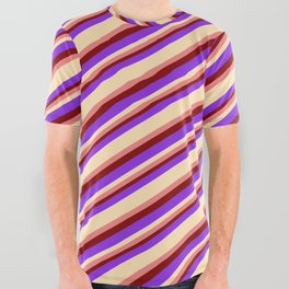[ Thumbnail: Purple, Beige, Light Coral & Maroon Colored Lined/Striped Pattern All Over Graphic Tee ]