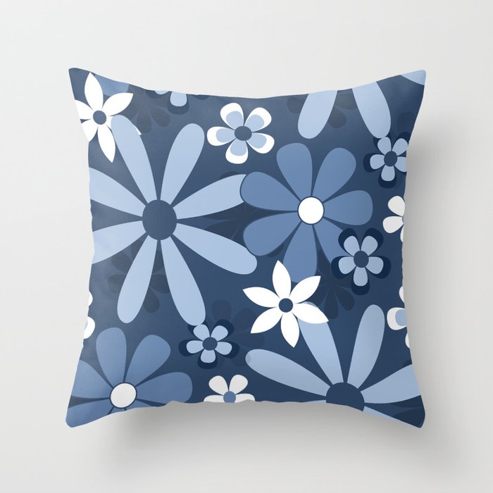 Retro Blue Florals Throw Pillow