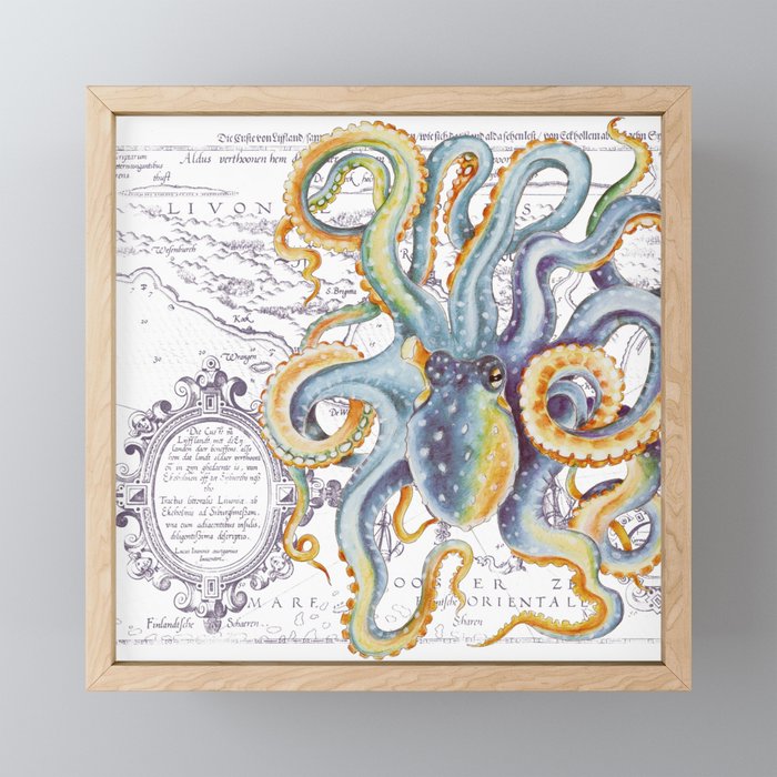 Octopus Steel Blue Vintage Map Framed Mini Art Print