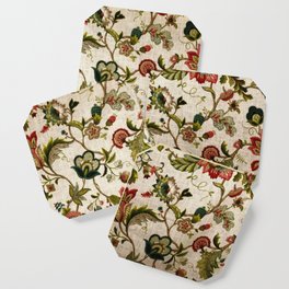 Red Green Jacobean Floral Embroidery Pattern Coaster