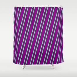 [ Thumbnail: Purple, Green & Light Green Colored Lined/Striped Pattern Shower Curtain ]