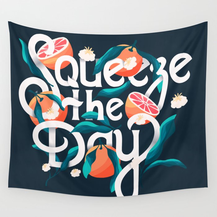 Squeeze the day lettering illustration with oranges on dark blue background VECTOR Wall Tapestry
