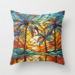 Stained Glass island susnet Throw Pillow