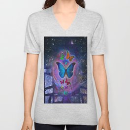 Colourful Butterflys in Space V Neck T Shirt