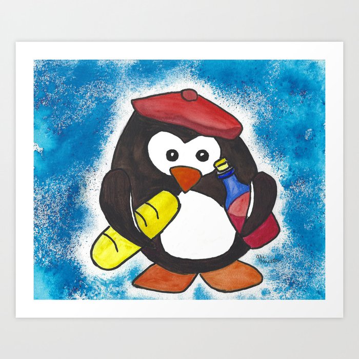 Norm's Midnight Snack a Penguin Wearing a Beret and Holding a Baguette and Wine Bottle Art Print