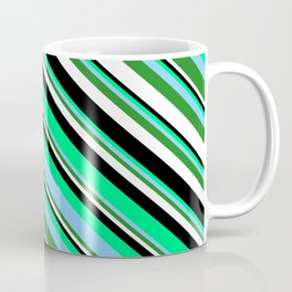 [ Thumbnail: Eyecatching Green, Light Sky Blue, Forest Green, White, and Black Colored Lines Pattern Coffee Mug ]