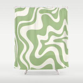 Retro Liquid Swirl Abstract Pattern in Light Sage Green and Cream Shower Curtain