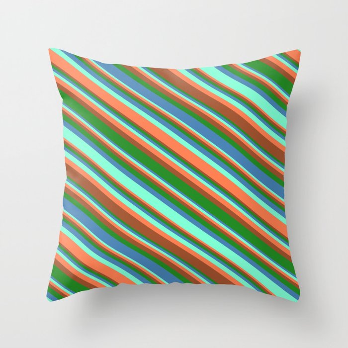 Aquamarine, Coral, Sienna, Forest Green, and Blue Colored Lined/Striped Pattern Throw Pillow