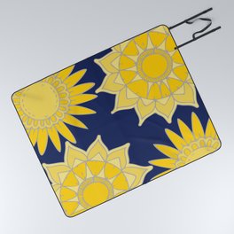 Sunshine yellow navy blue abstract floral mandala Picnic Blanket