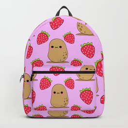 Cute funny sweet adorable little baby potatoes and red ripe summer strawberries cartoon light pastel pink pattern design Backpack