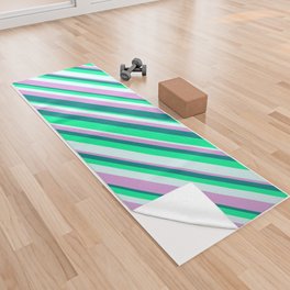 [ Thumbnail: Plum, Teal, Green & Light Cyan Colored Striped Pattern Yoga Towel ]