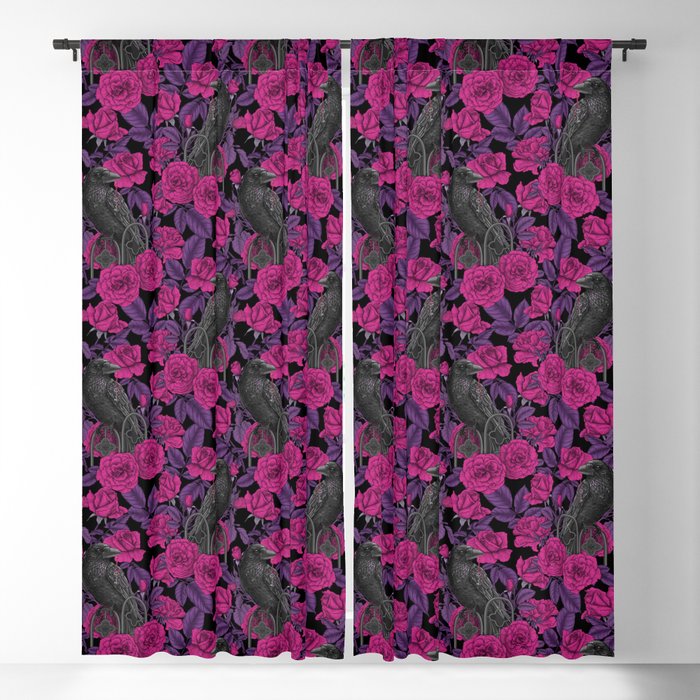 Ravens and magenta roses Blackout Curtain