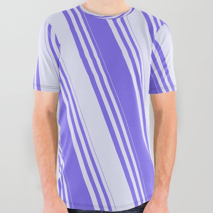 Medium Slate Blue & Lavender Colored Striped Pattern All Over Graphic Tee