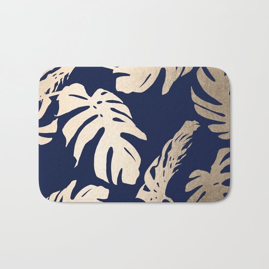 Simply Palm Leaves in White Gold Sands on Nautical Navy Bath Mat