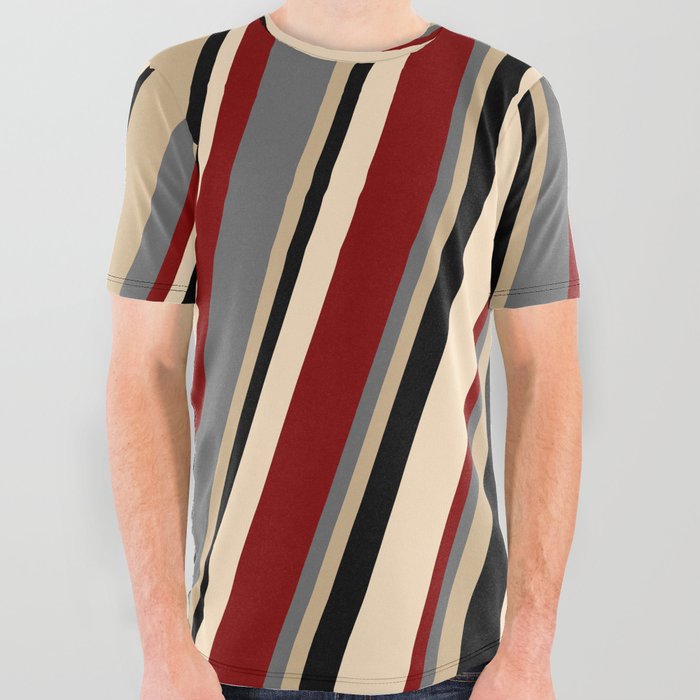 Dim Grey, Tan, Black, Bisque & Maroon Colored Pattern of Stripes All Over Graphic Tee
