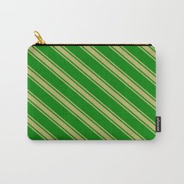 [ Thumbnail: Green & Dark Khaki Colored Lines Pattern Carry-All Pouch ]