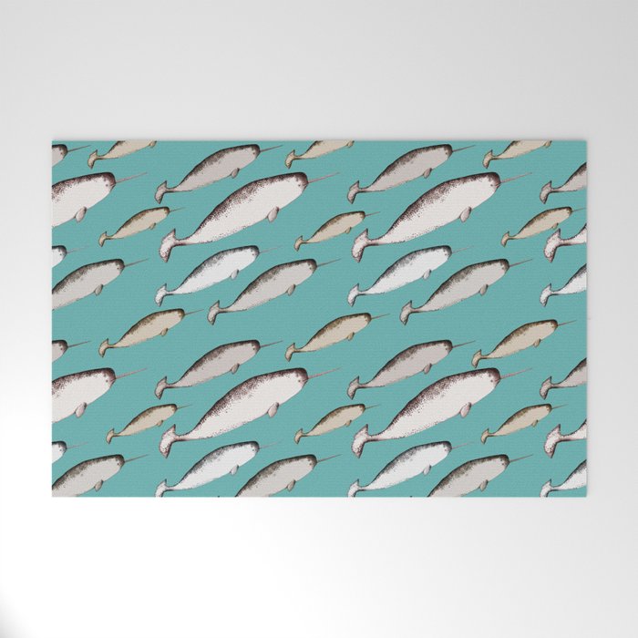 Narwhals - Narwhal Whale Pattern Watercolor Illustration Teal Blue Welcome Mat