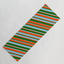 [ Thumbnail: Dark Green, Sky Blue, and Red Colored Striped Pattern Yoga Mat ]