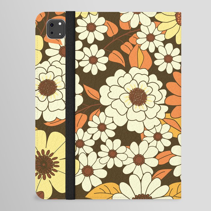 Brown, Orange, Ivory & Yellow Retro Flower Pattern iPad Folio Case