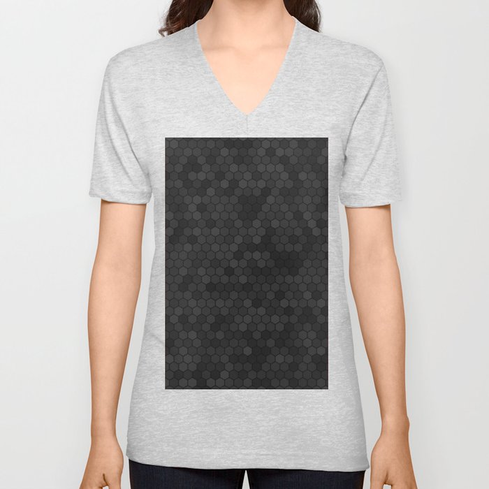 Grey & Black Color Hexagon Honeycomb Design V Neck T Shirt