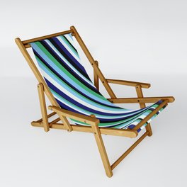 [ Thumbnail: Eye-catching Sea Green, Light Sky Blue, Mint Cream, Midnight Blue, and Black Colored Lined Pattern Sling Chair ]