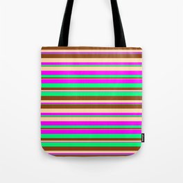 [ Thumbnail: Tan, Fuchsia, Green & Brown Colored Striped Pattern Tote Bag ]