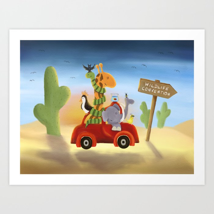 Wildlife Day - Animals on a Road Trip Painting  Art Print