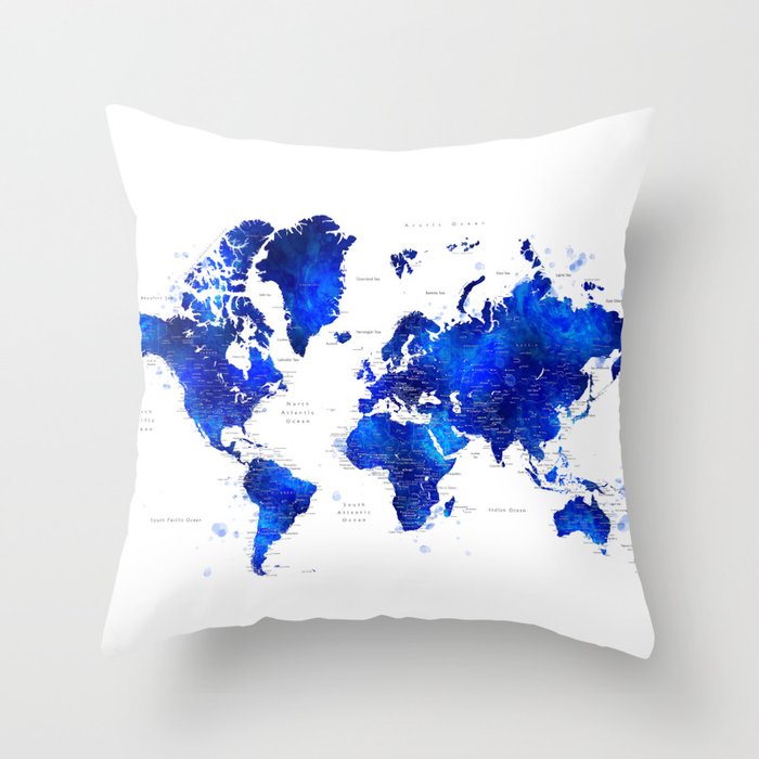Navy blue and cobalt blue watercolor world map with cities labelled, "Carlynn" Throw Pillow