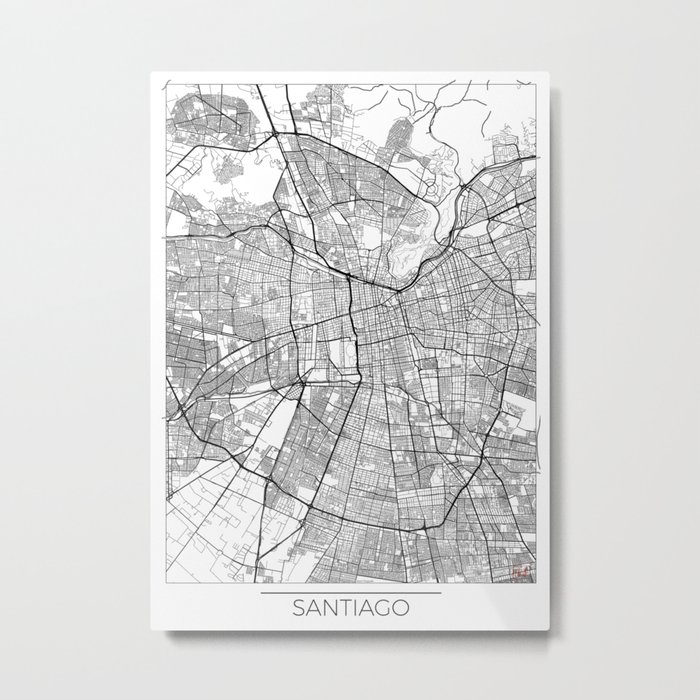 Santiago Map White Metal Print