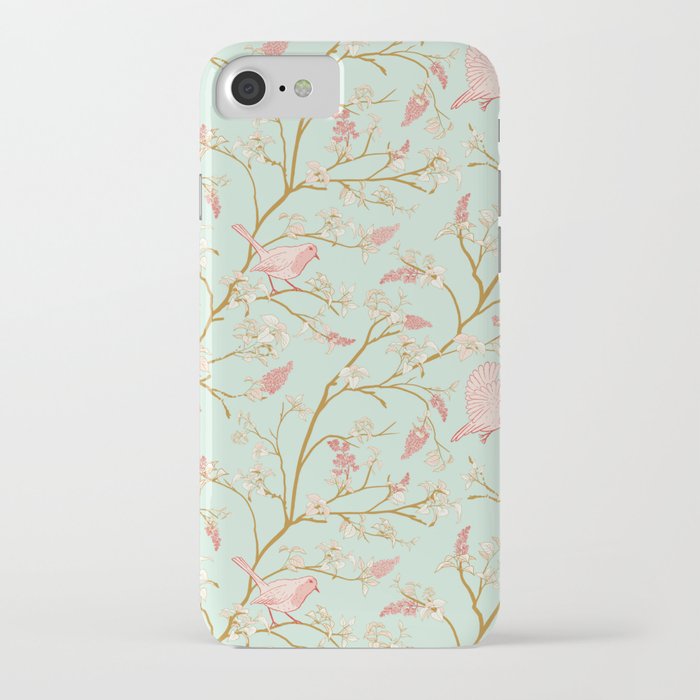 Spring Equinox Serenade: Robins song Birds Among Lilac Blossoms in pastel mint, pink, gold, cream iPhone Case