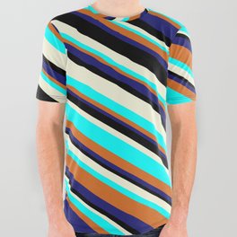 [ Thumbnail: Eye-catching Beige, Aqua, Chocolate, Midnight Blue, and Black Colored Lined Pattern All Over Graphic Tee ]