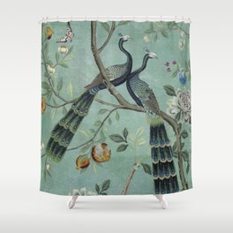 A Teal of Two Birds Chinoiserie Shower Curtain
