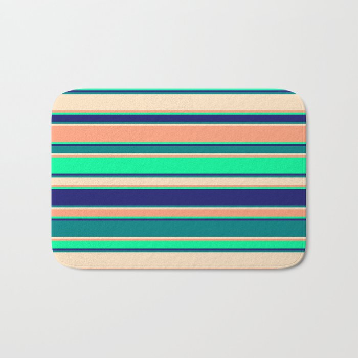 Vibrant Light Salmon, Green, Midnight Blue, Teal, and Bisque Colored Pattern of Stripes Bath Mat