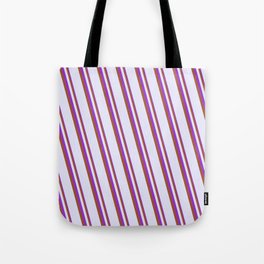 [ Thumbnail: Dark Orchid, Sienna & Lavender Colored Stripes Pattern Tote Bag ]
