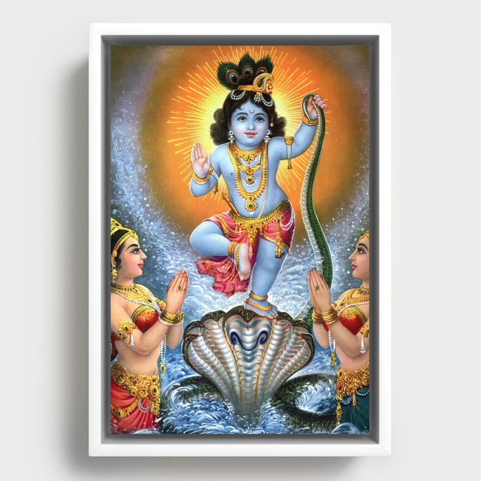 Lord Krishna Dancing on Snake Kaliya Framed Canvas