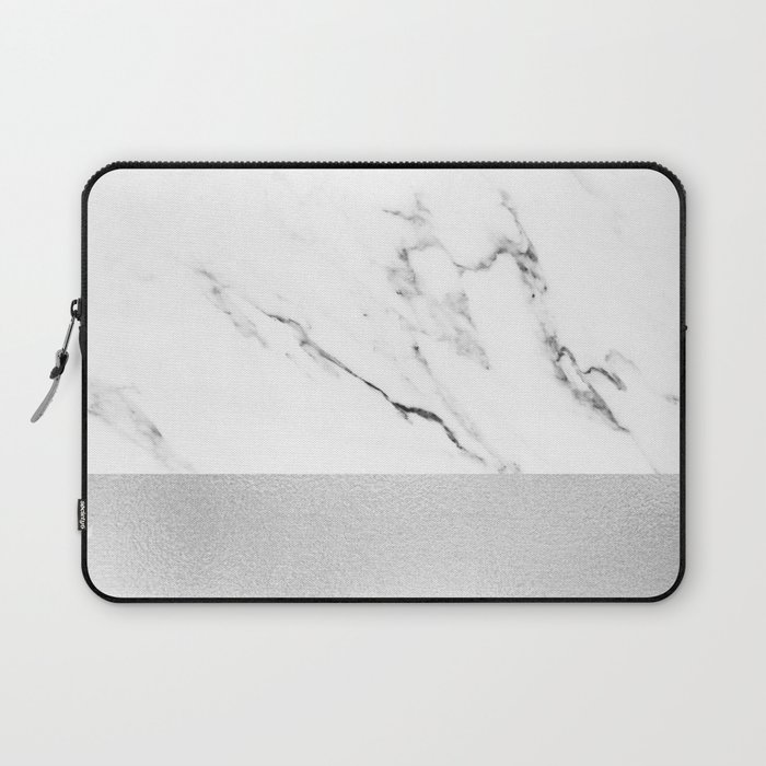 White Marble with Black and Grey Silver Stripe Laptop Sleeve